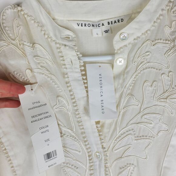 VERONICA BEARD Analeah Dress Embroidered Minidress Puff Sleeves Tassel Pom Pom - Picture 6 of 16